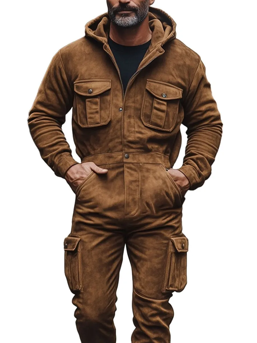 【24-hour shipping】Men's Hooded Pocket Suede Vintage Long Sleeve Jumpsuit