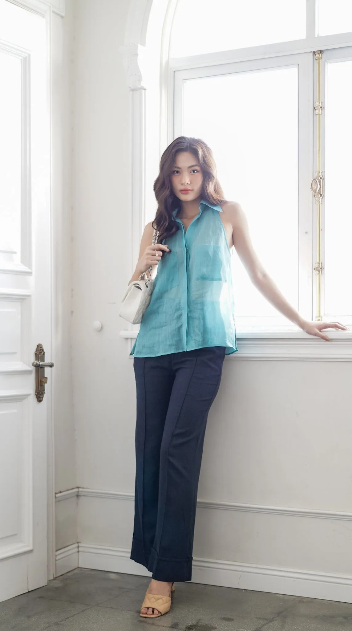Aqua Sleeveless Linen Shirt
