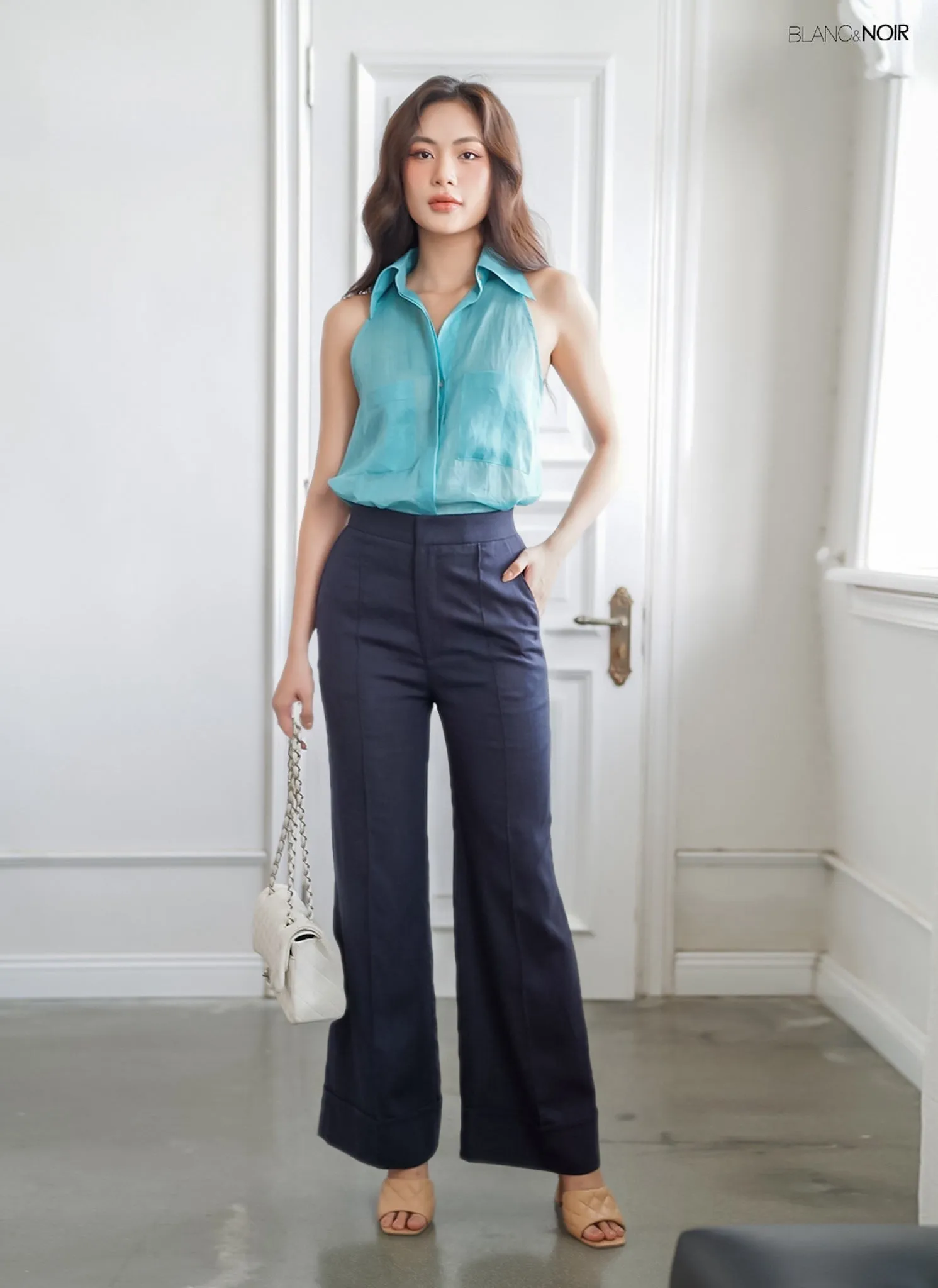 Aqua Sleeveless Linen Shirt