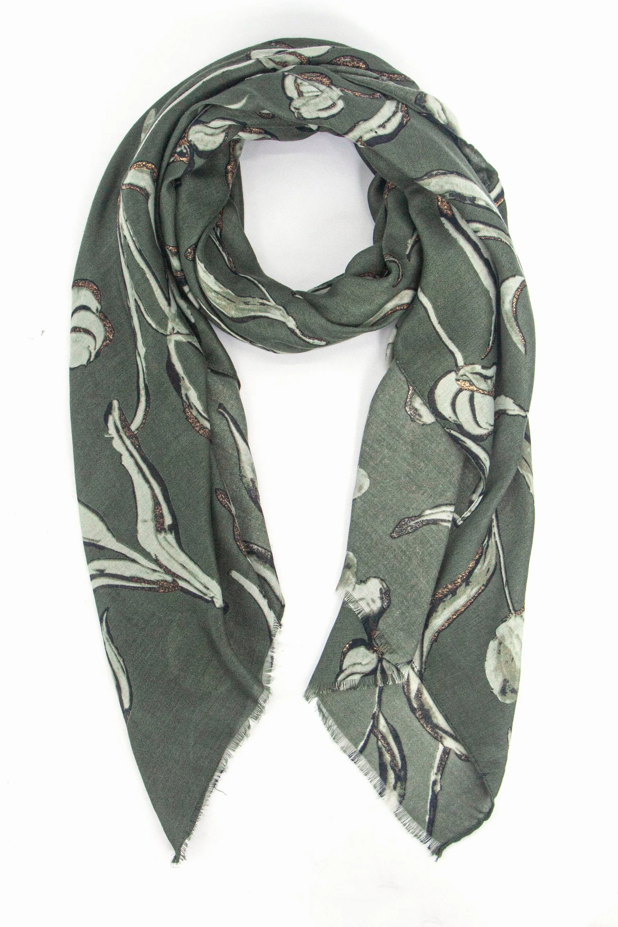 Ashley Lightweight Scarf - Khaki, Large Floral