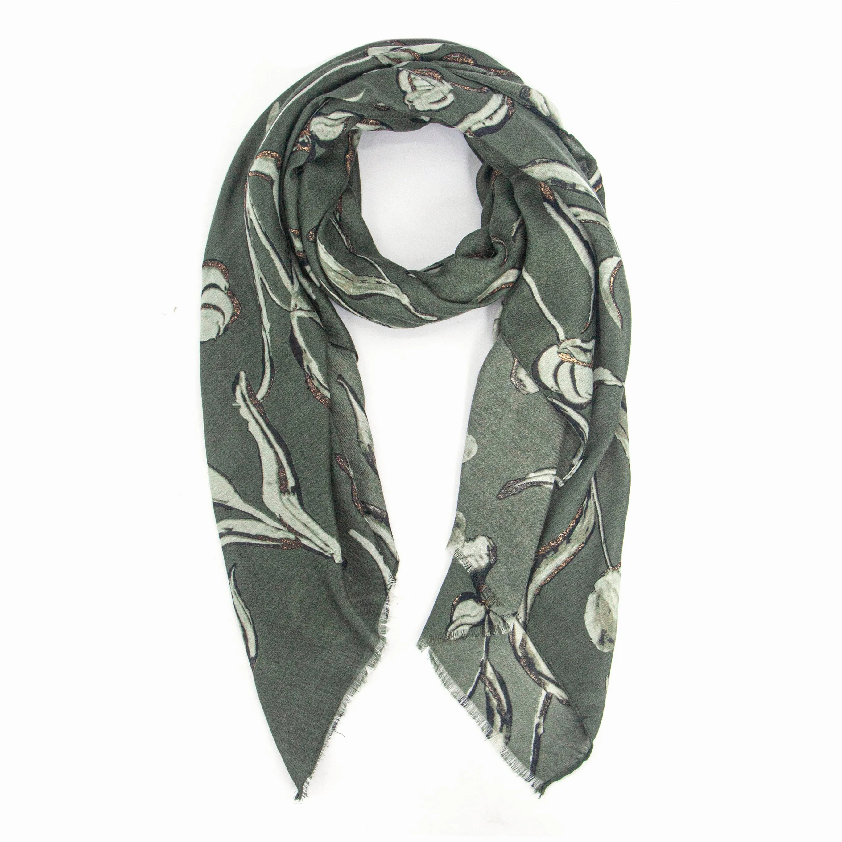 Ashley Lightweight Scarf - Khaki, Large Floral