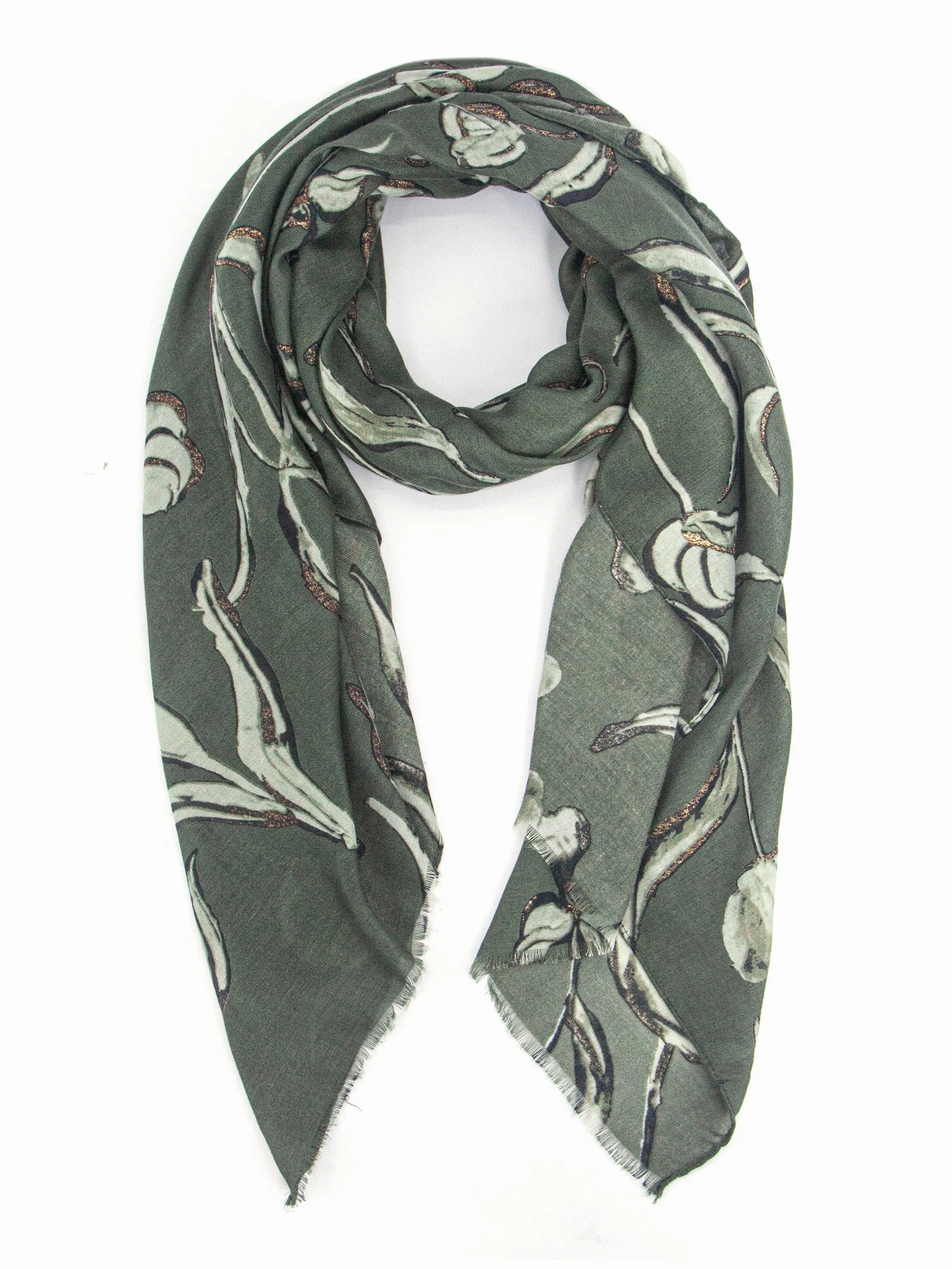 Ashley Lightweight Scarf - Khaki, Large Floral
