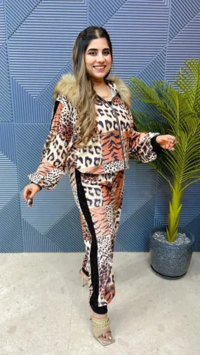 Beautiful Velvet Leopard Cord Set With Swarovski & Fur Work GGR707