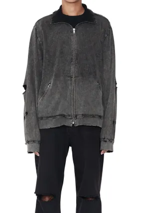 BLACK ACID WASH DESTROYED TRACK JACKET