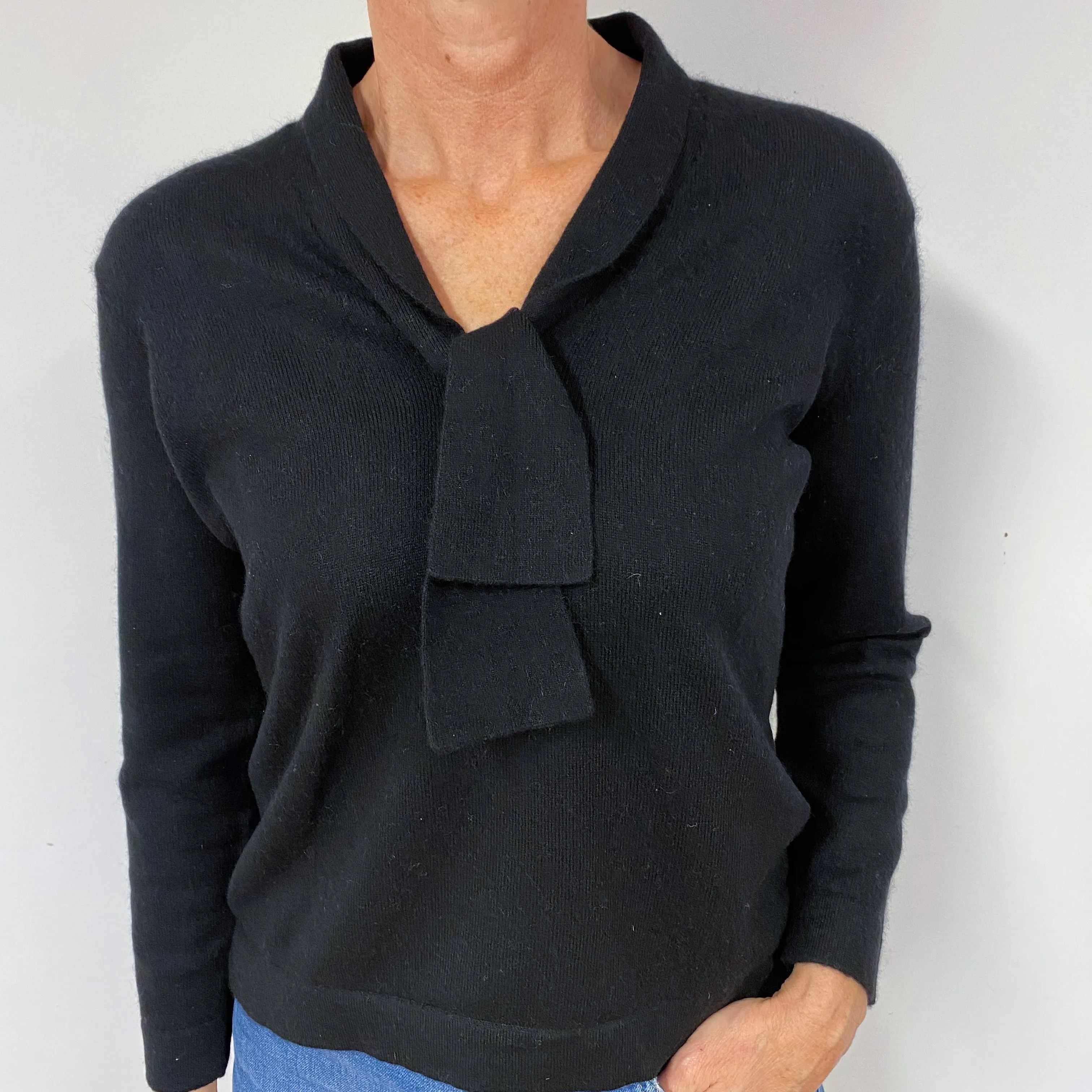 Black Cashmere Tie Neck Jumper