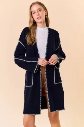 Blanket Stitched Long Sleeve Open Cardigan