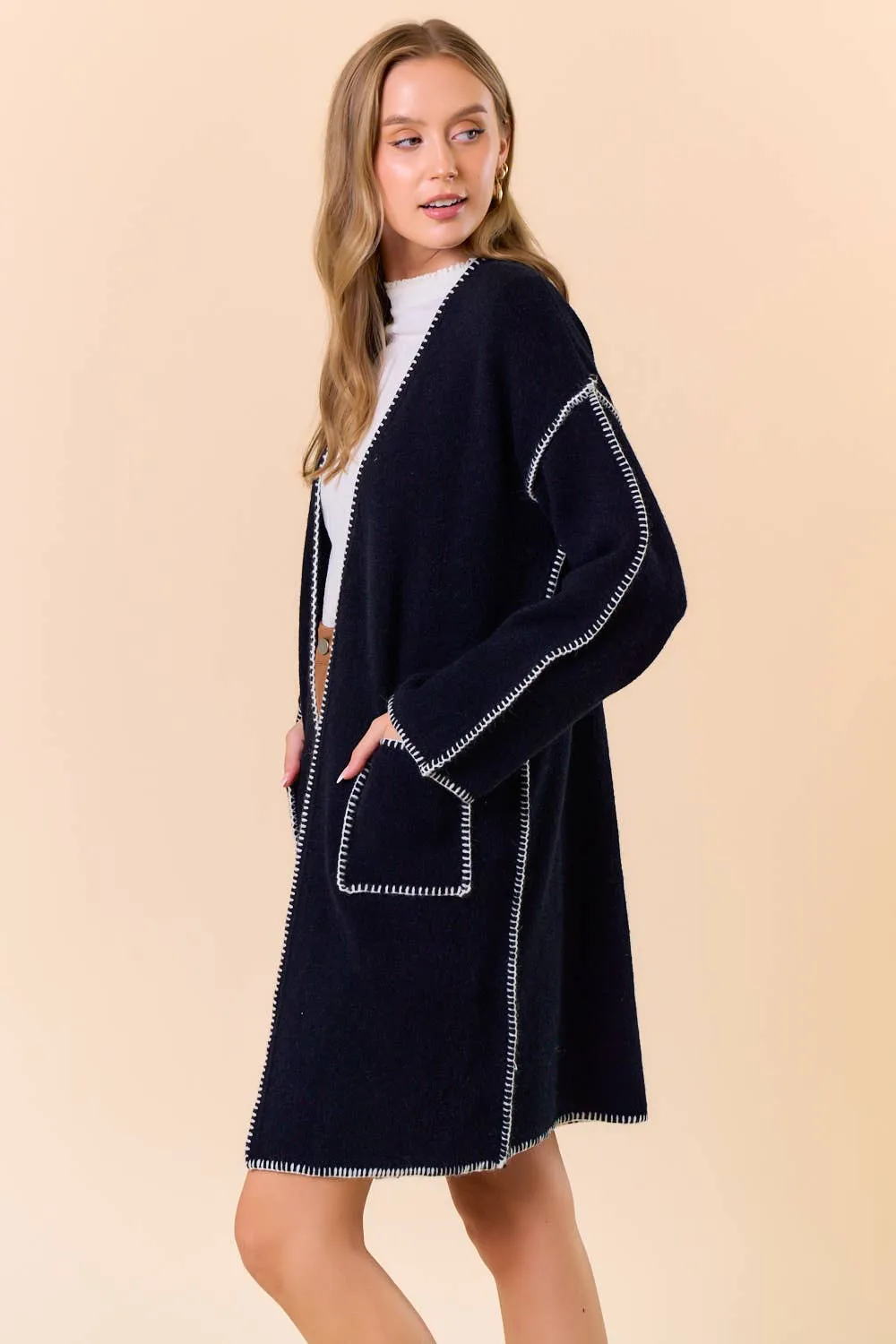 Blanket Stitched Long Sleeve Open Cardigan