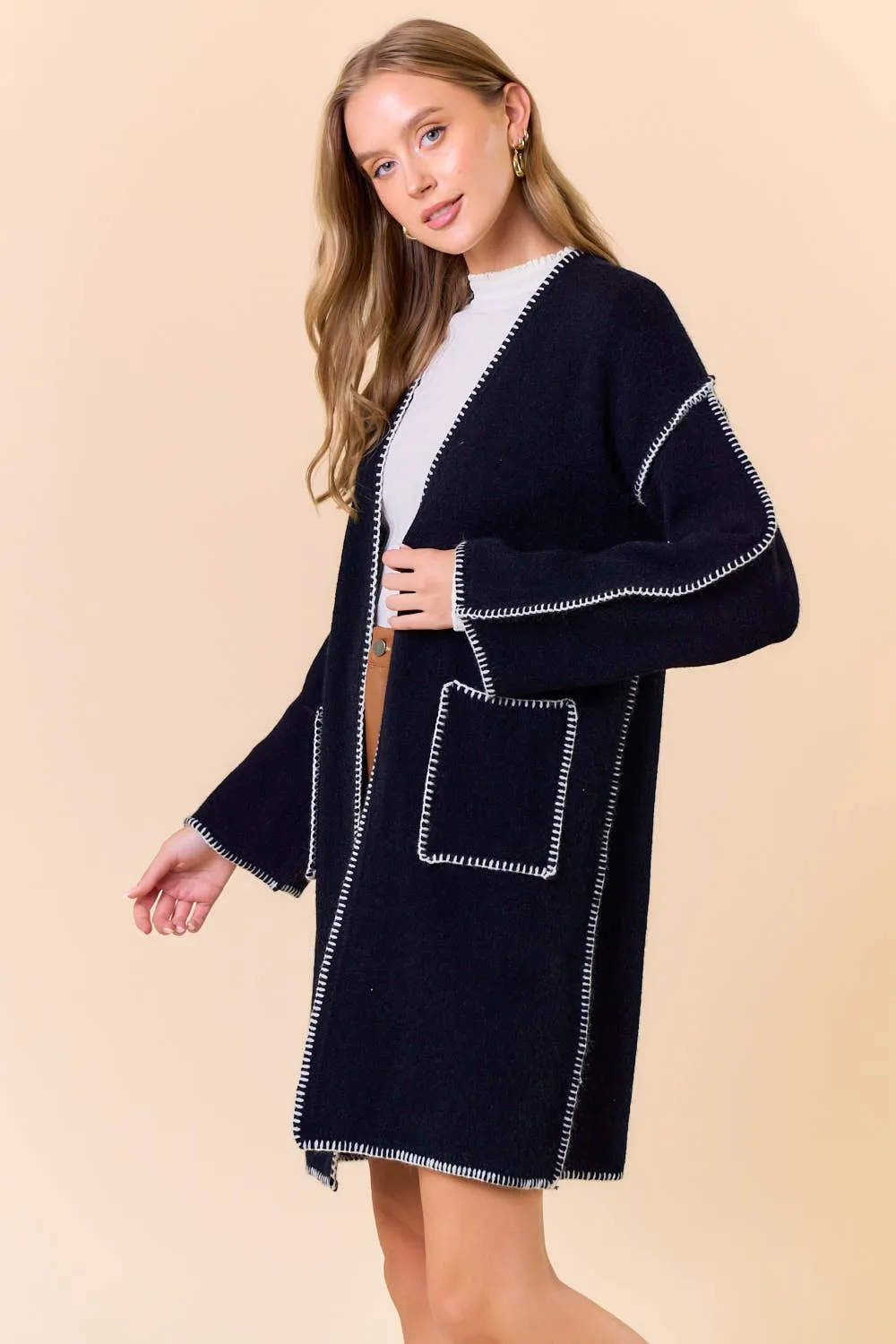 Blanket Stitched Long Sleeve Open Cardigan