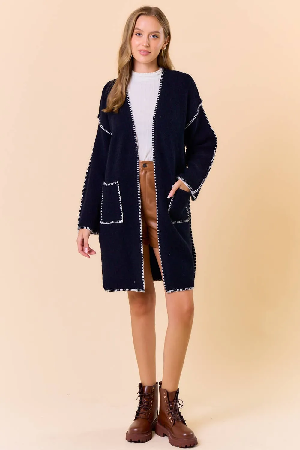 Blanket Stitched Long Sleeve Open Cardigan