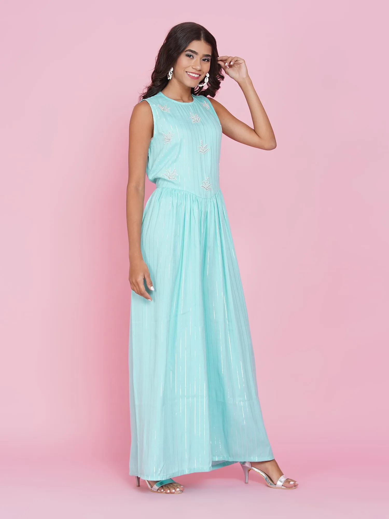 Blue Rayon Hand Embellished Jumpsuit-WRJ001