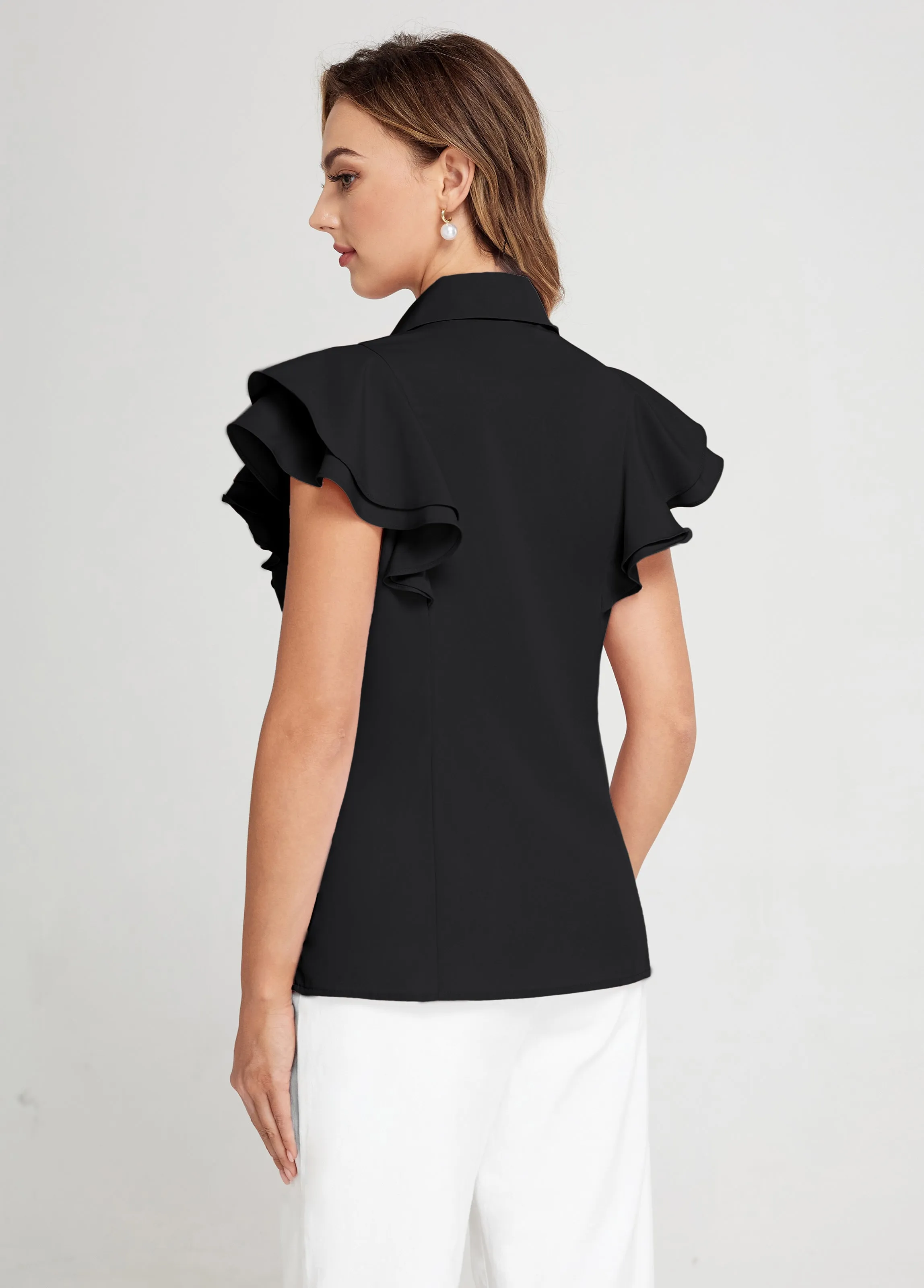 BP Women Vintage Shirt Dual-Layer Flutter Sleeve Lapel Collar Button-up Tops