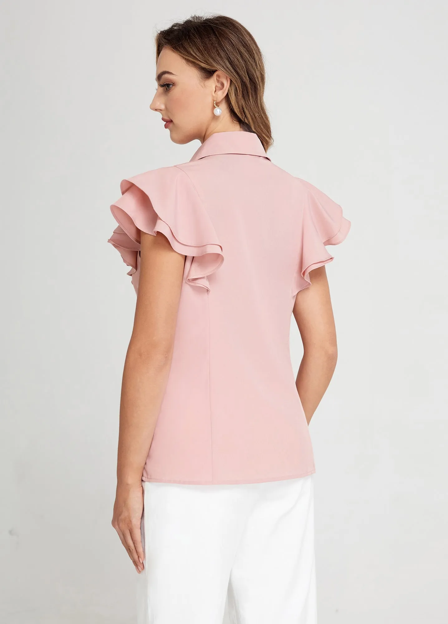 BP Women Vintage Shirt Dual-Layer Flutter Sleeve Lapel Collar Button-up Tops