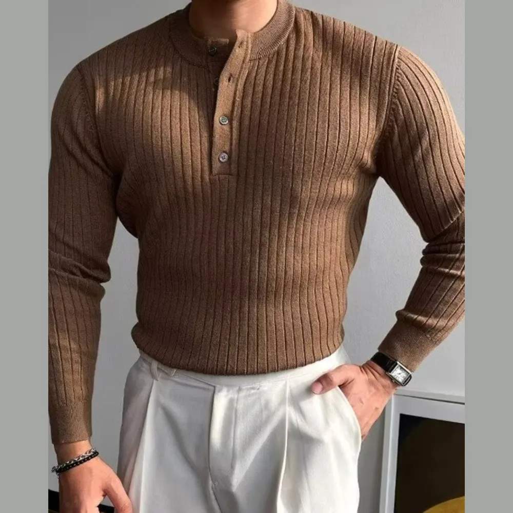 Button Detail Ribbed Long Sleeve Men's Knit Top