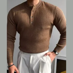 Button Detail Ribbed Long Sleeve Men's Knit Top