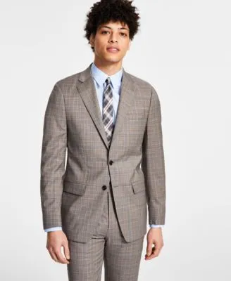 Calvin Klein Mens Slim Fit Wool Sport Coat Blazer Brown Plaid 46R