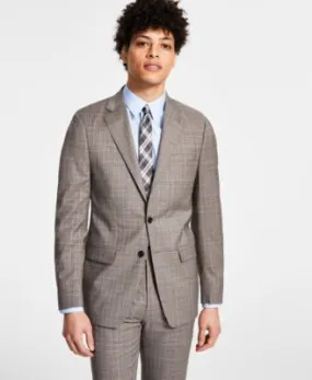 Calvin Klein Mens Slim Fit Wool Sport Coat Blazer Brown Plaid 46R