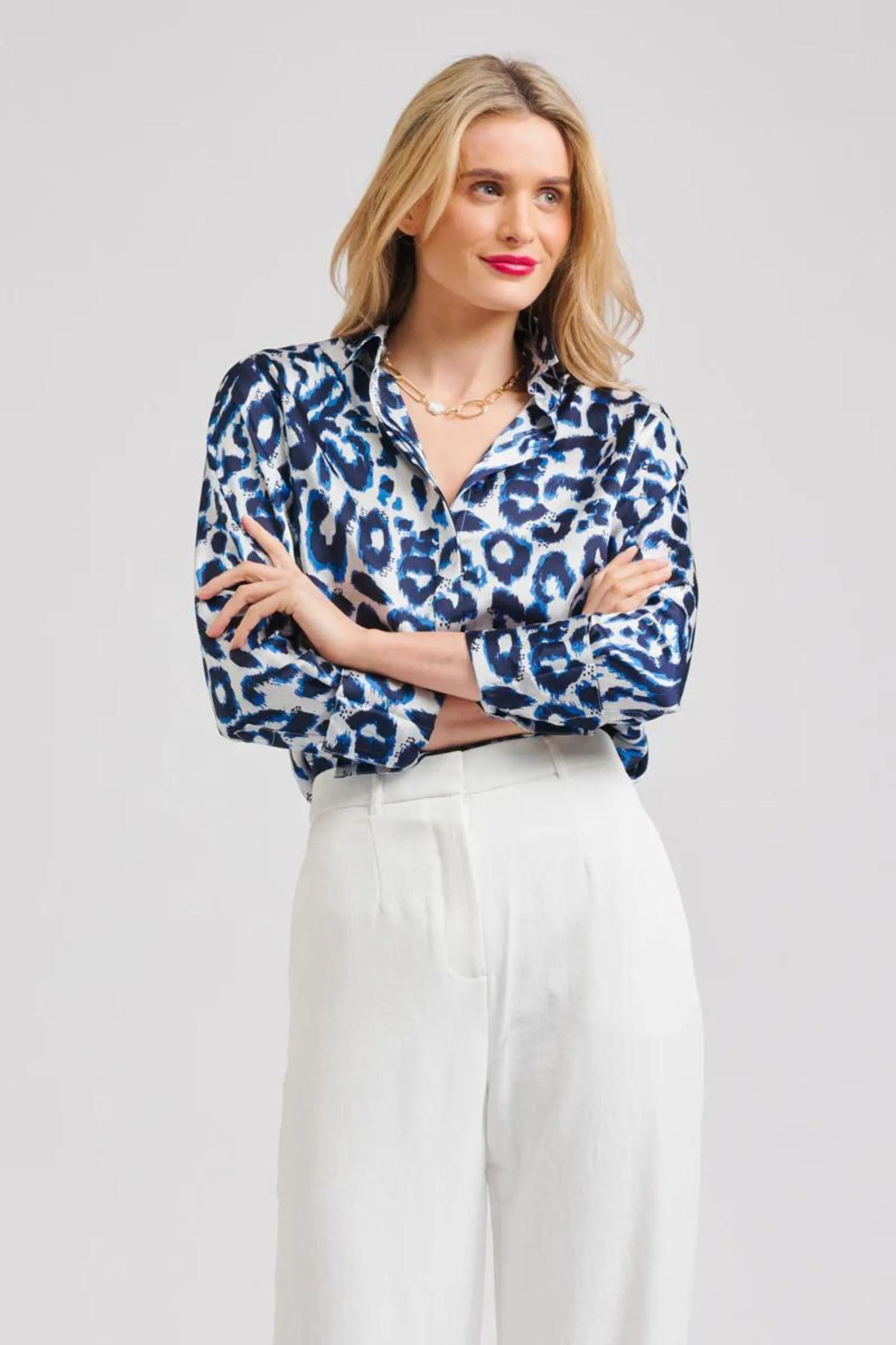 Celia Classic Shirt | Blue Leopard