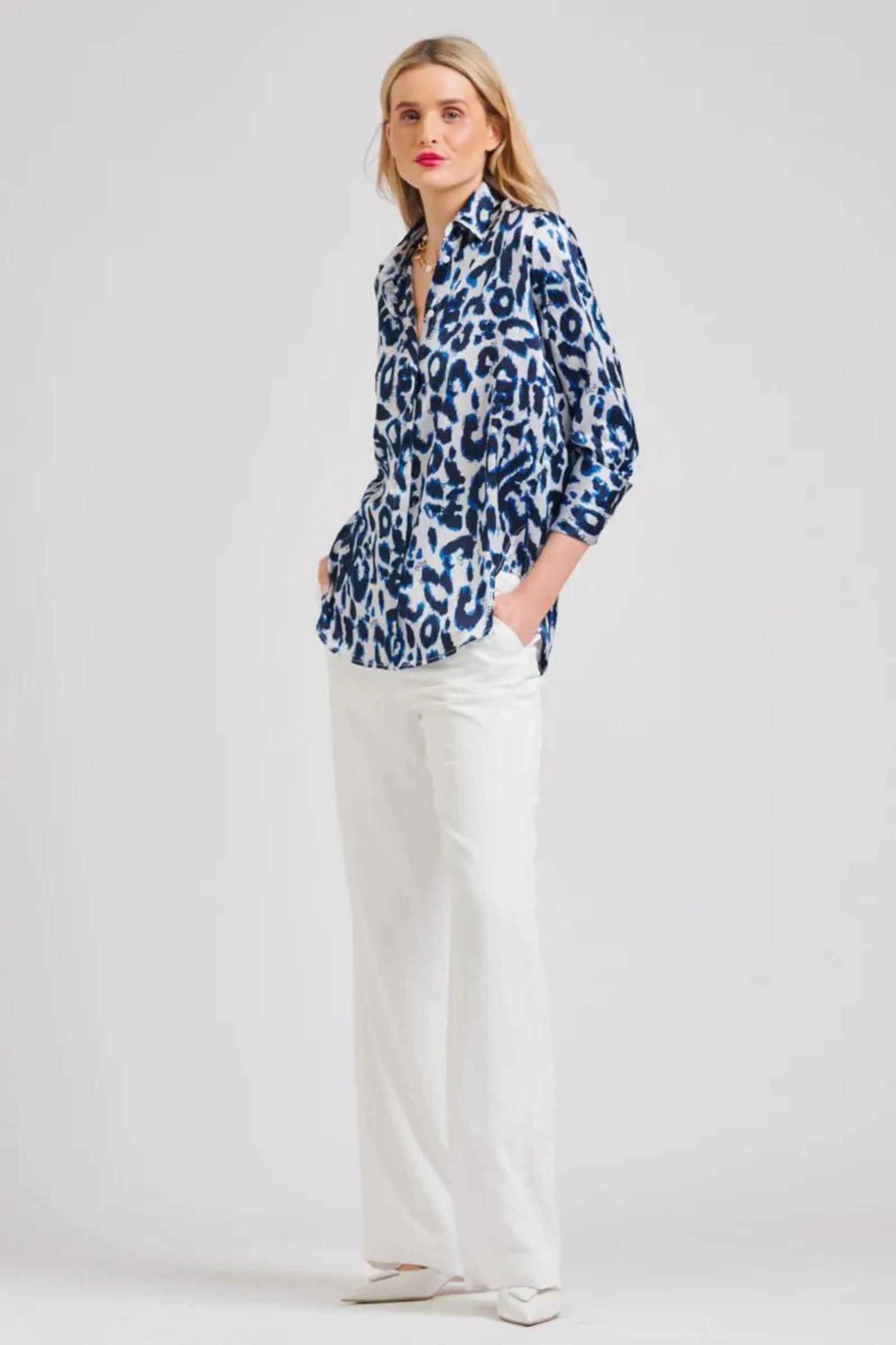 Celia Classic Shirt | Blue Leopard