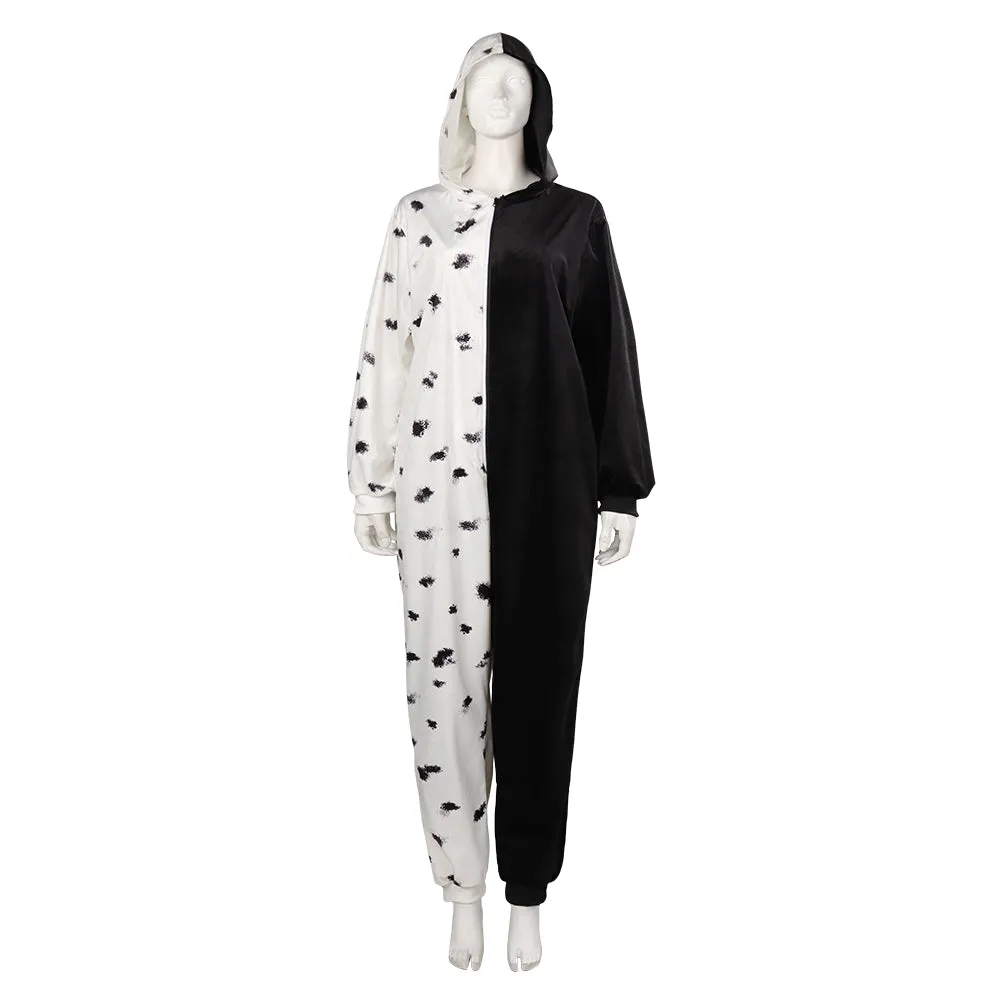 Cruella Cosplay Costume Sleepwear Hooded Jumpsuit Pajams Outfits Halloween Carnival Suit