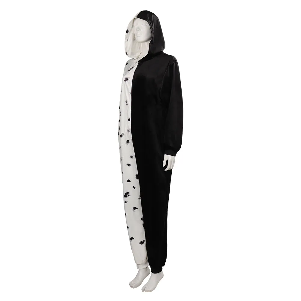 Cruella Cosplay Costume Sleepwear Hooded Jumpsuit Pajams Outfits Halloween Carnival Suit