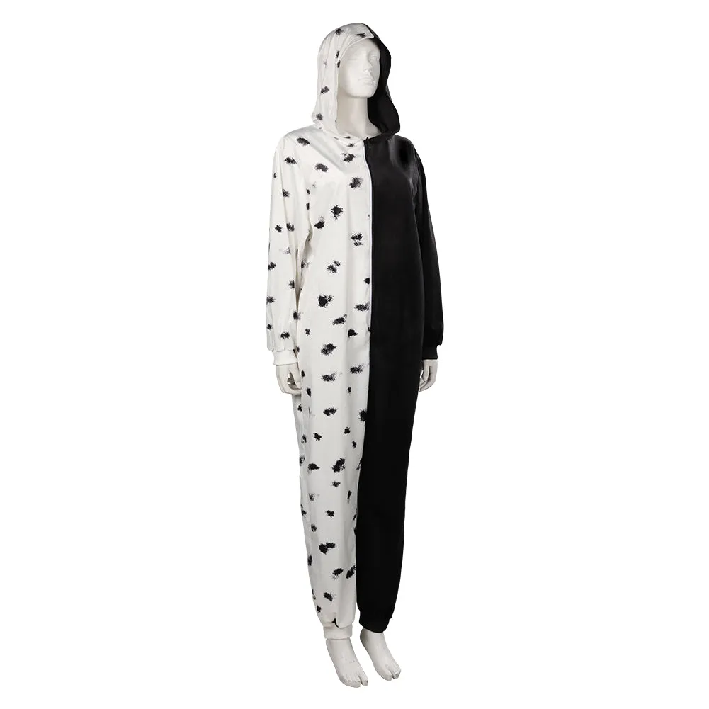 Cruella Cosplay Costume Sleepwear Hooded Jumpsuit Pajams Outfits Halloween Carnival Suit