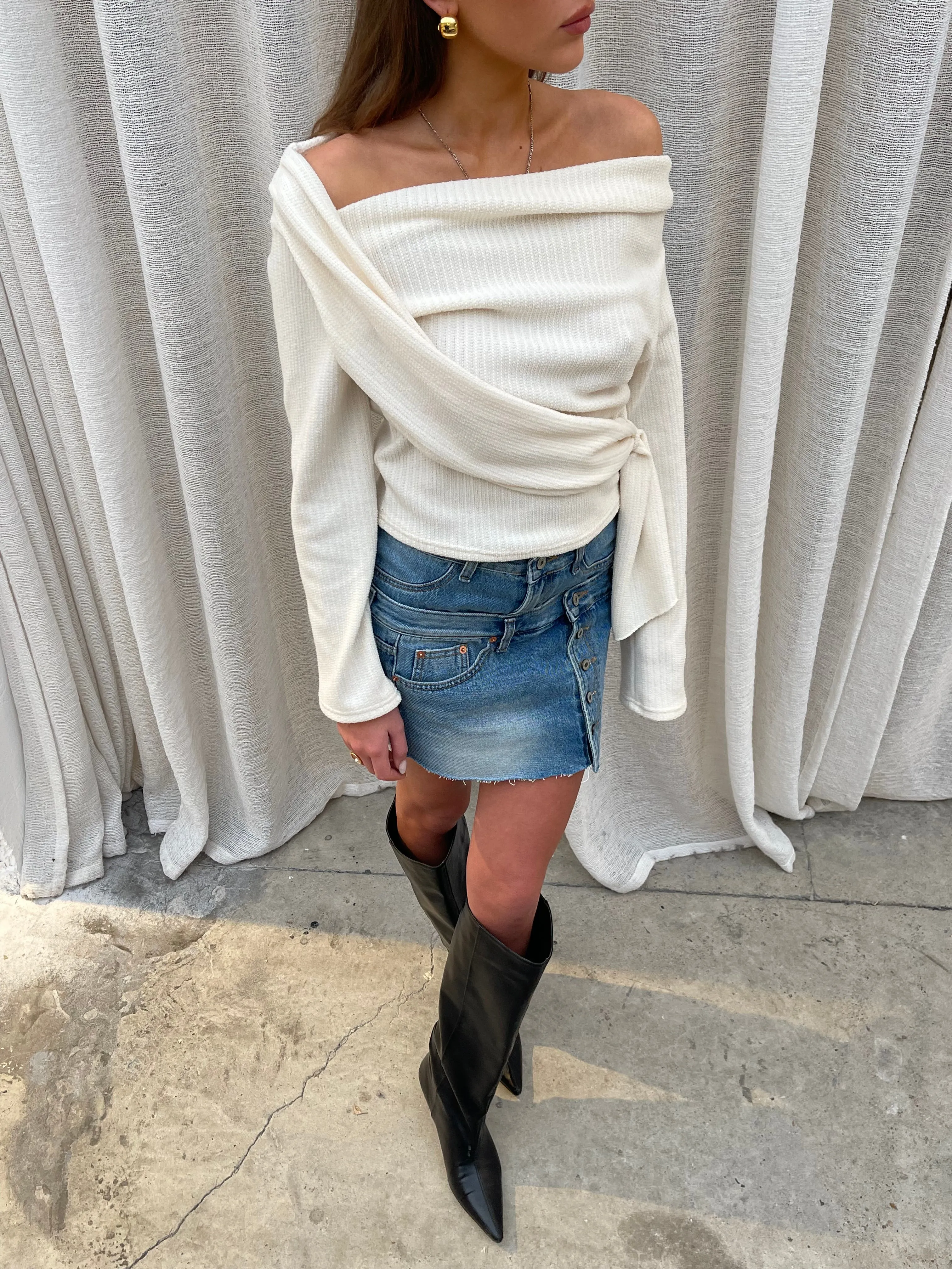 Draped Belted Top Ivory
