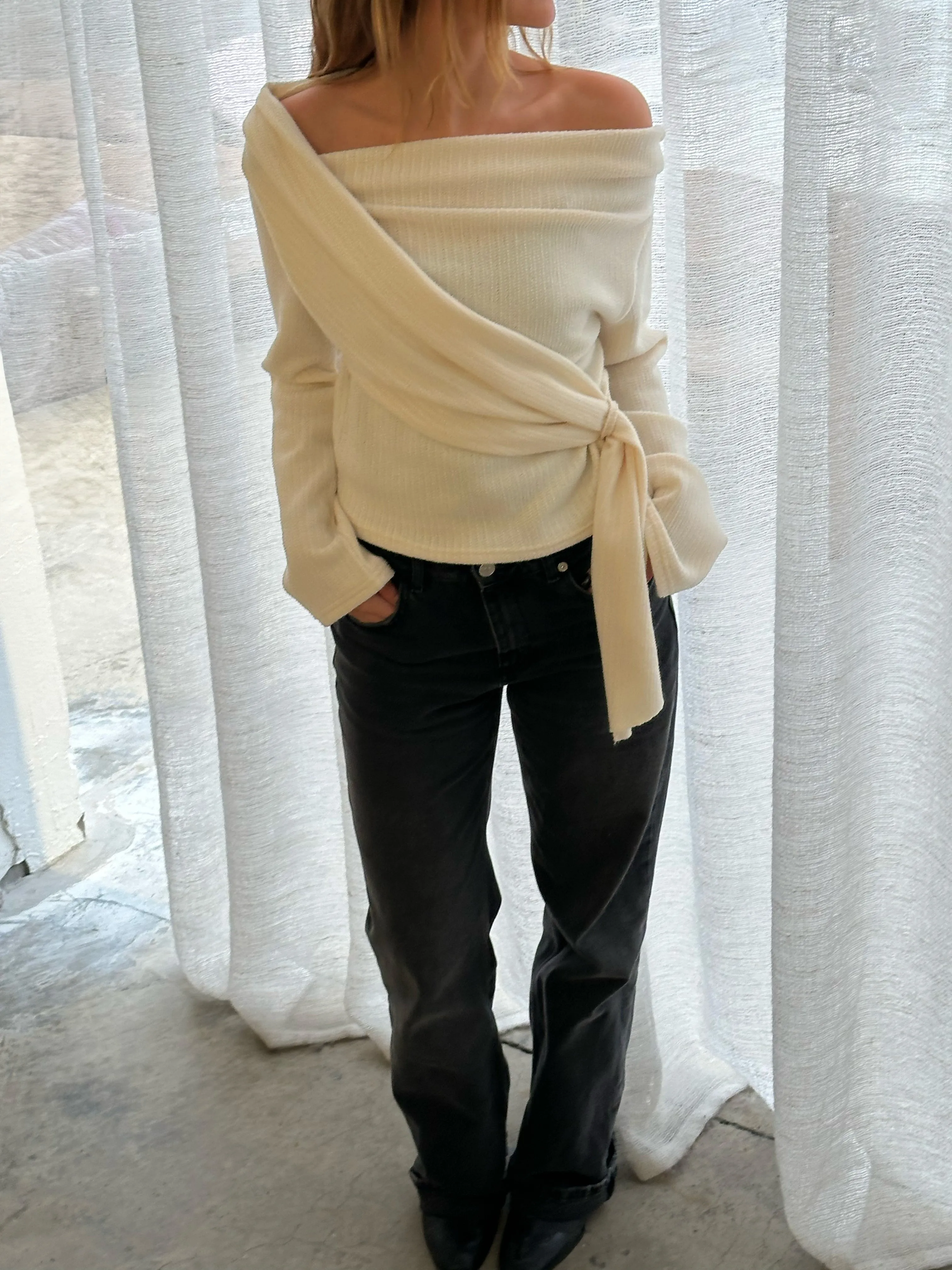 Draped Belted Top Ivory