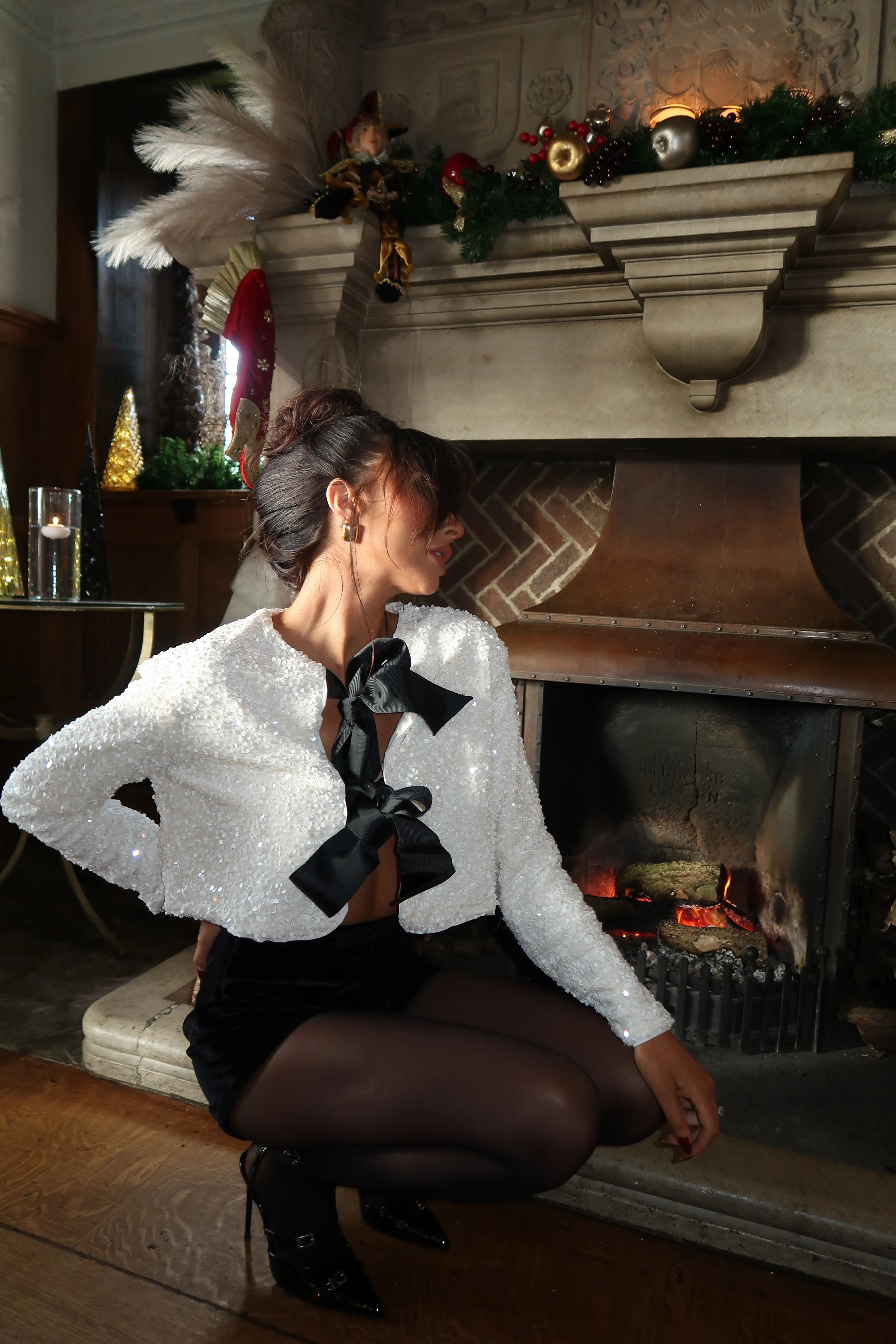 EMMANUEL Sequin Bow Top in Cream