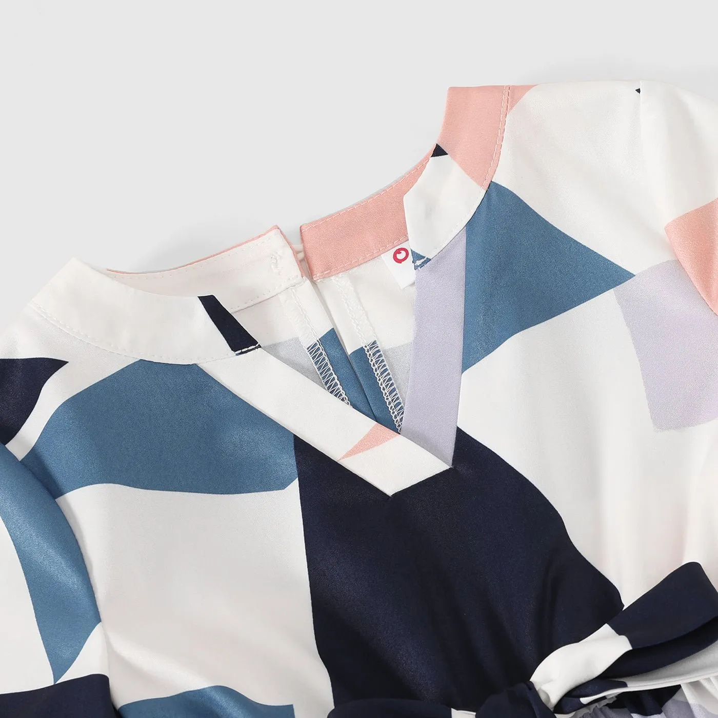 Family Matching Allover Geo Print V Neck Belted Short-sleeve Dresses and Colorblock T-shirts Sets