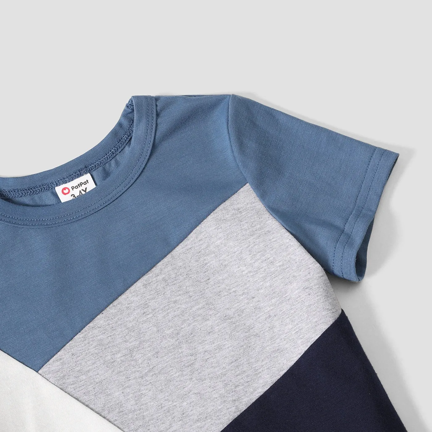 Family Matching Allover Geo Print V Neck Belted Short-sleeve Dresses and Colorblock T-shirts Sets