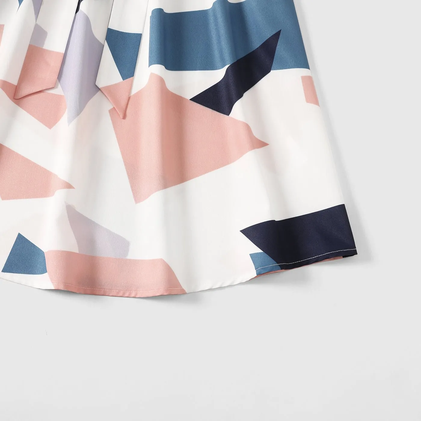 Family Matching Allover Geo Print V Neck Belted Short-sleeve Dresses and Colorblock T-shirts Sets