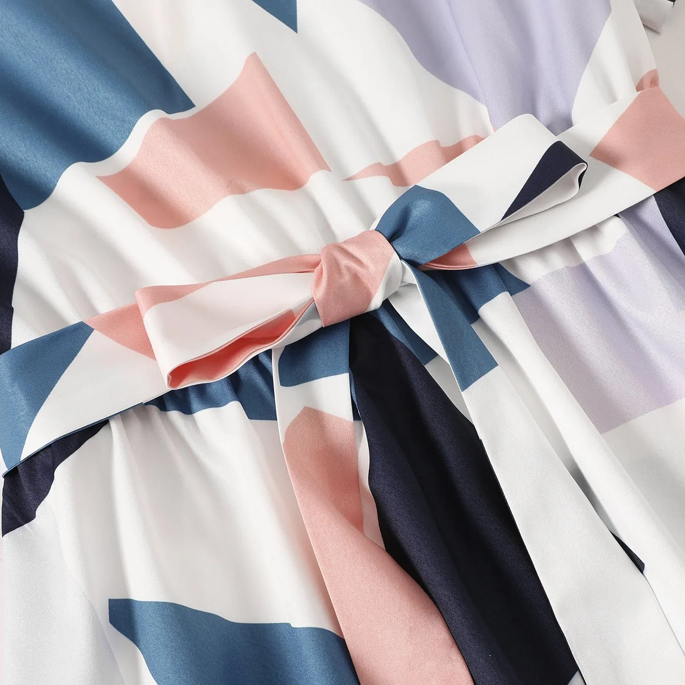 Family Matching Allover Geo Print V Neck Belted Short-sleeve Dresses and Colorblock T-shirts Sets