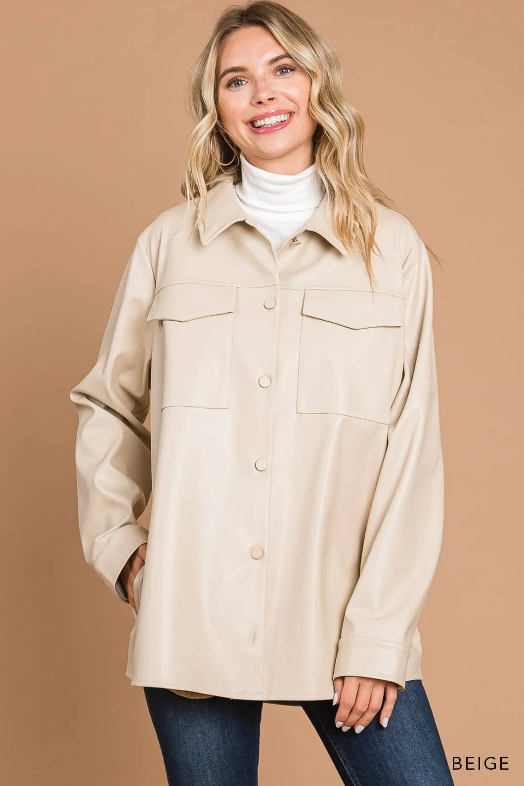 Faux Leather Button Down Shacket