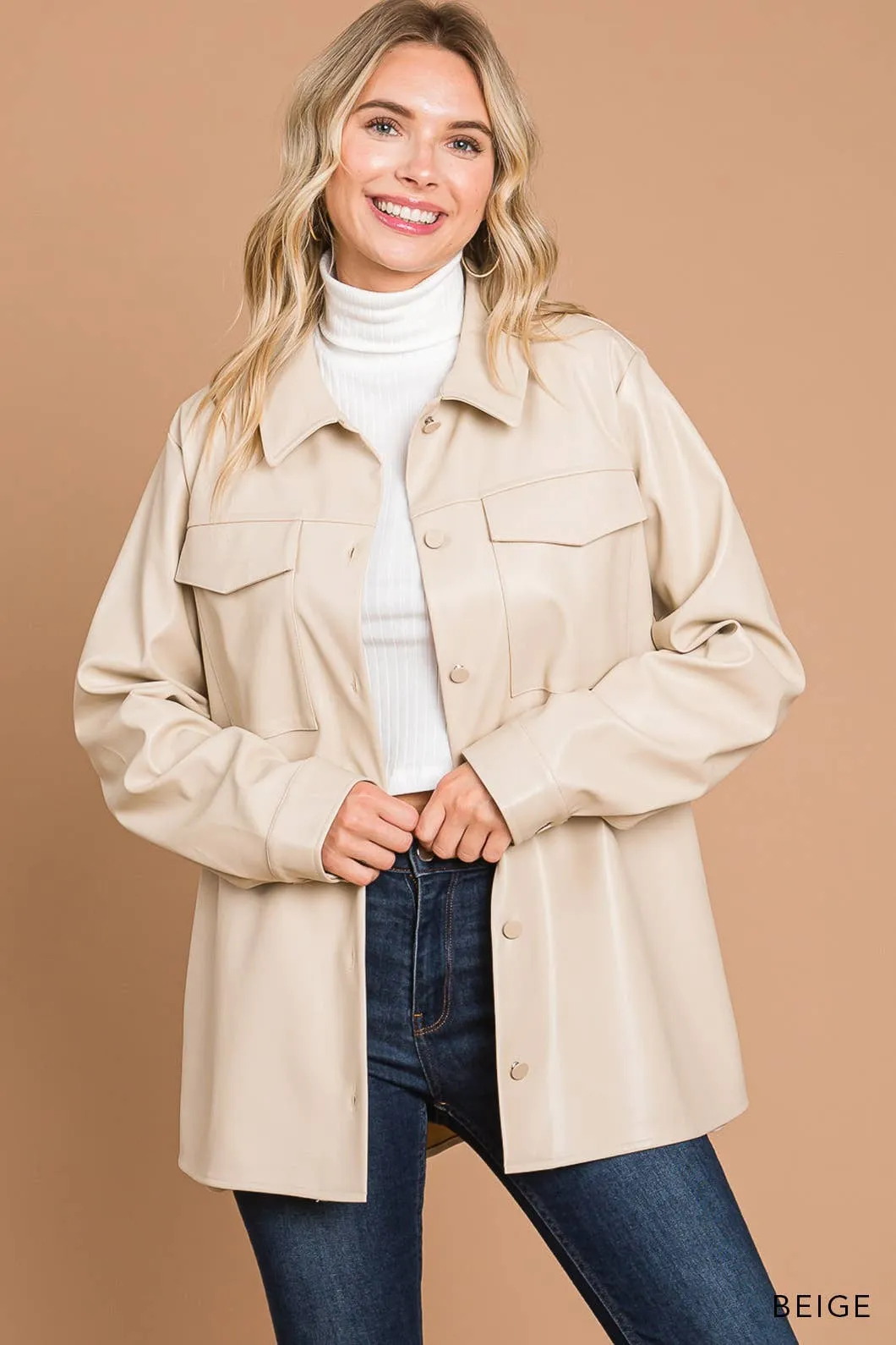 Faux Leather Button Down Shacket