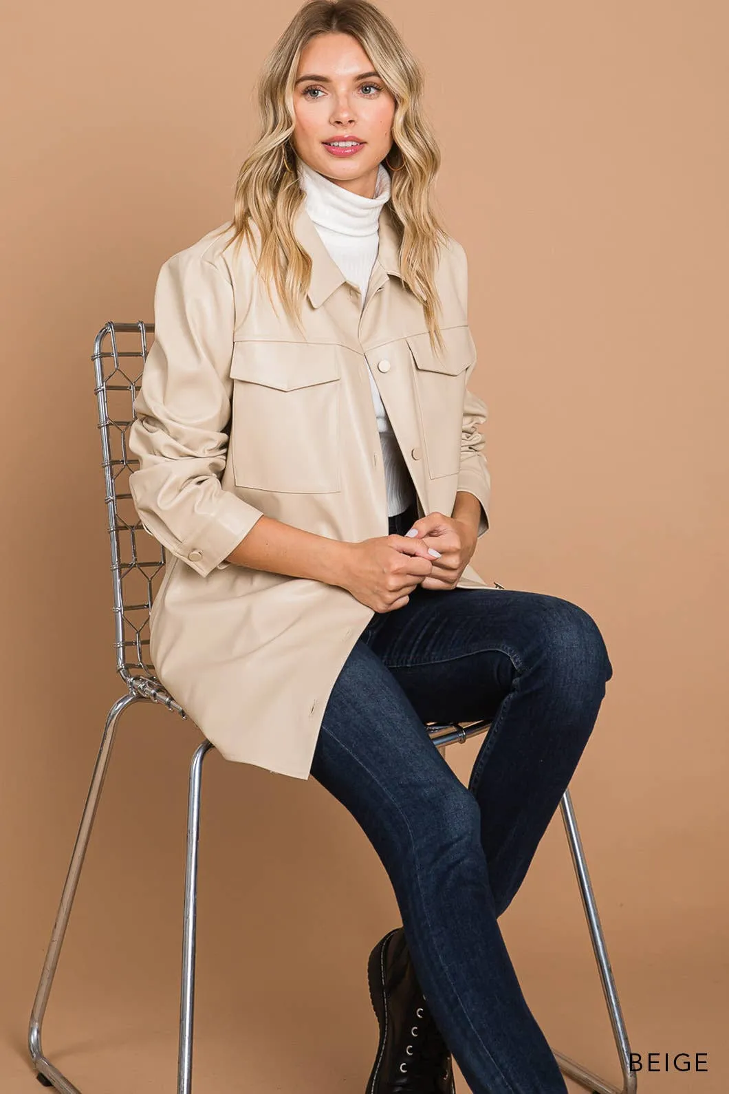 Faux Leather Button Down Shacket