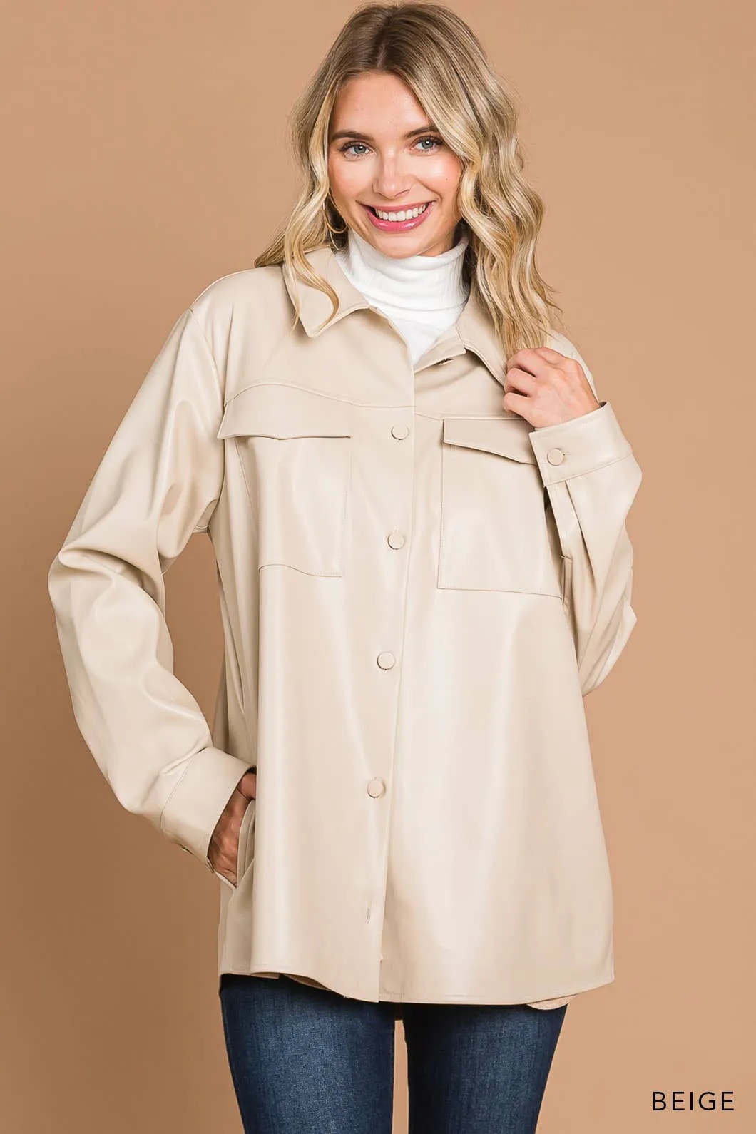 Faux Leather Button Down Shacket