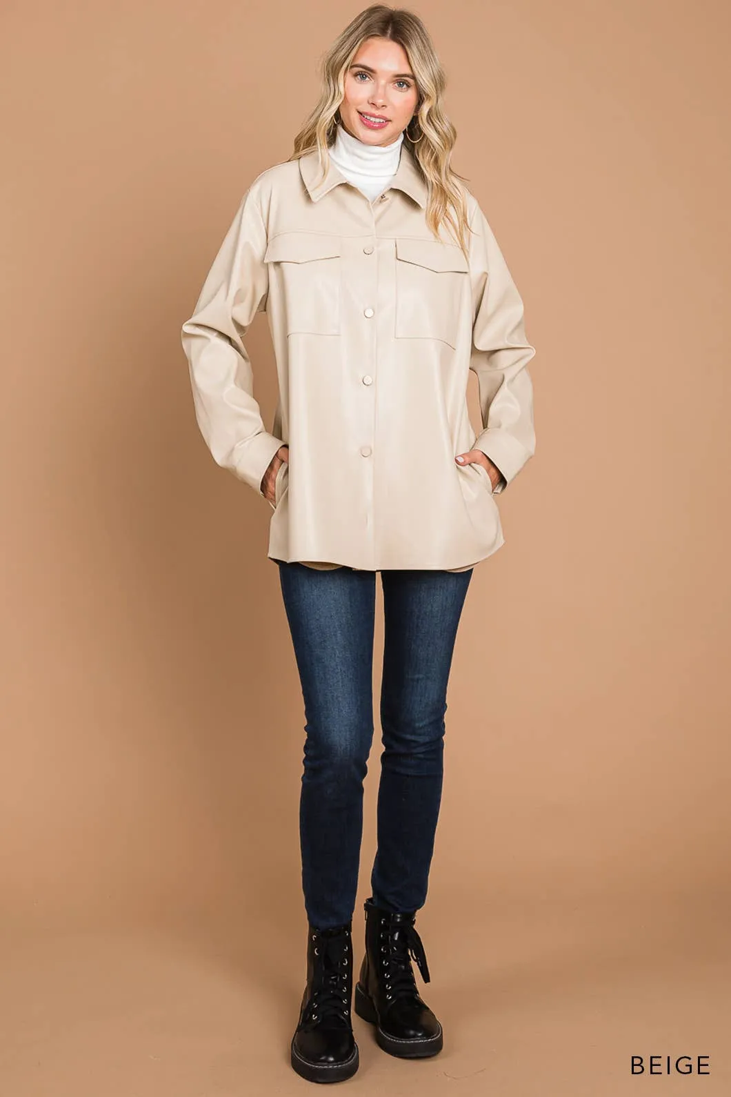 Faux Leather Button Down Shacket
