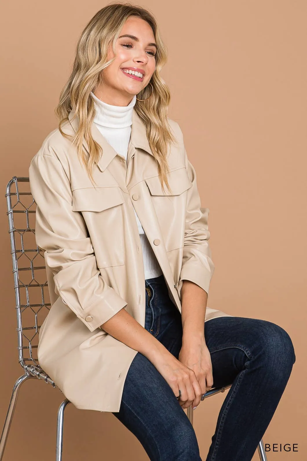 Faux Leather Button Down Shacket