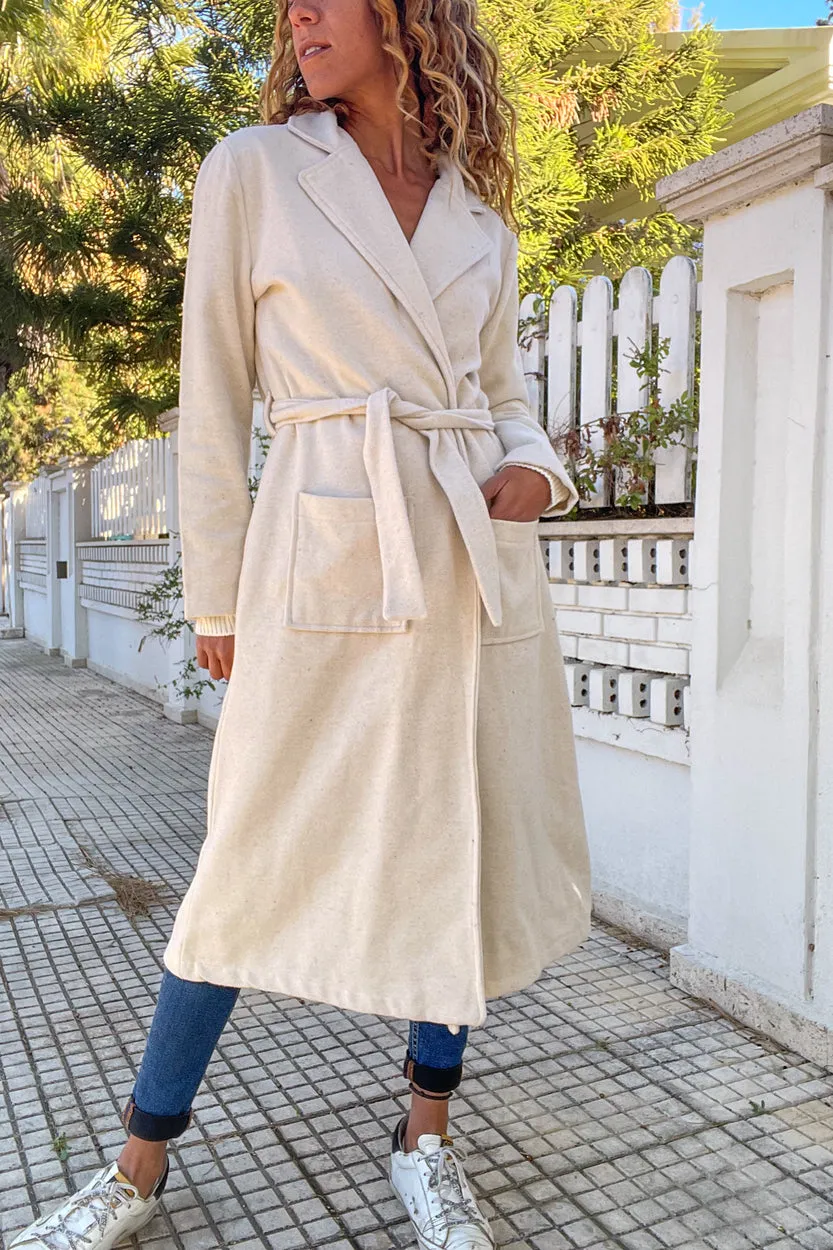 GNS Woman Ecru Jacket Collar Belted Pocketed Coat Bst3310 - Buena Vista Tomatlán