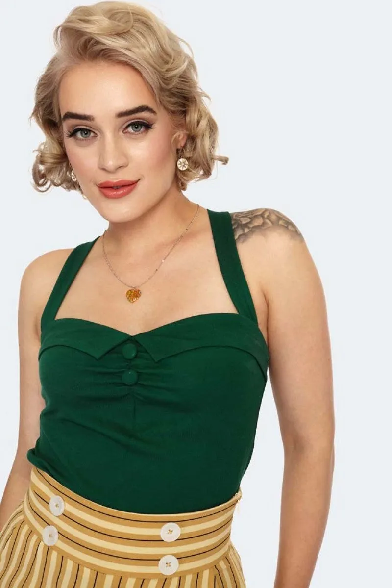 Green Sweetheart Foldover Button Detail Crossback Top
