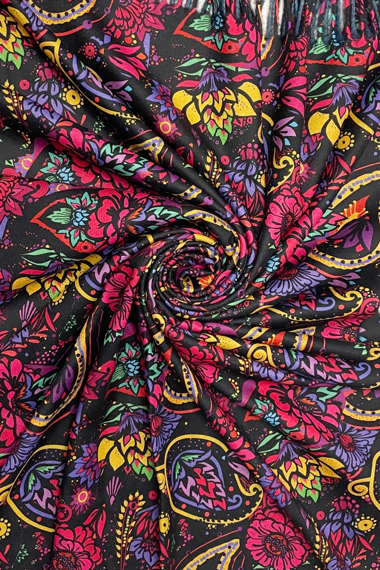 Indian Inspired Bold Floral & Paisley Wool Tassel Scarf