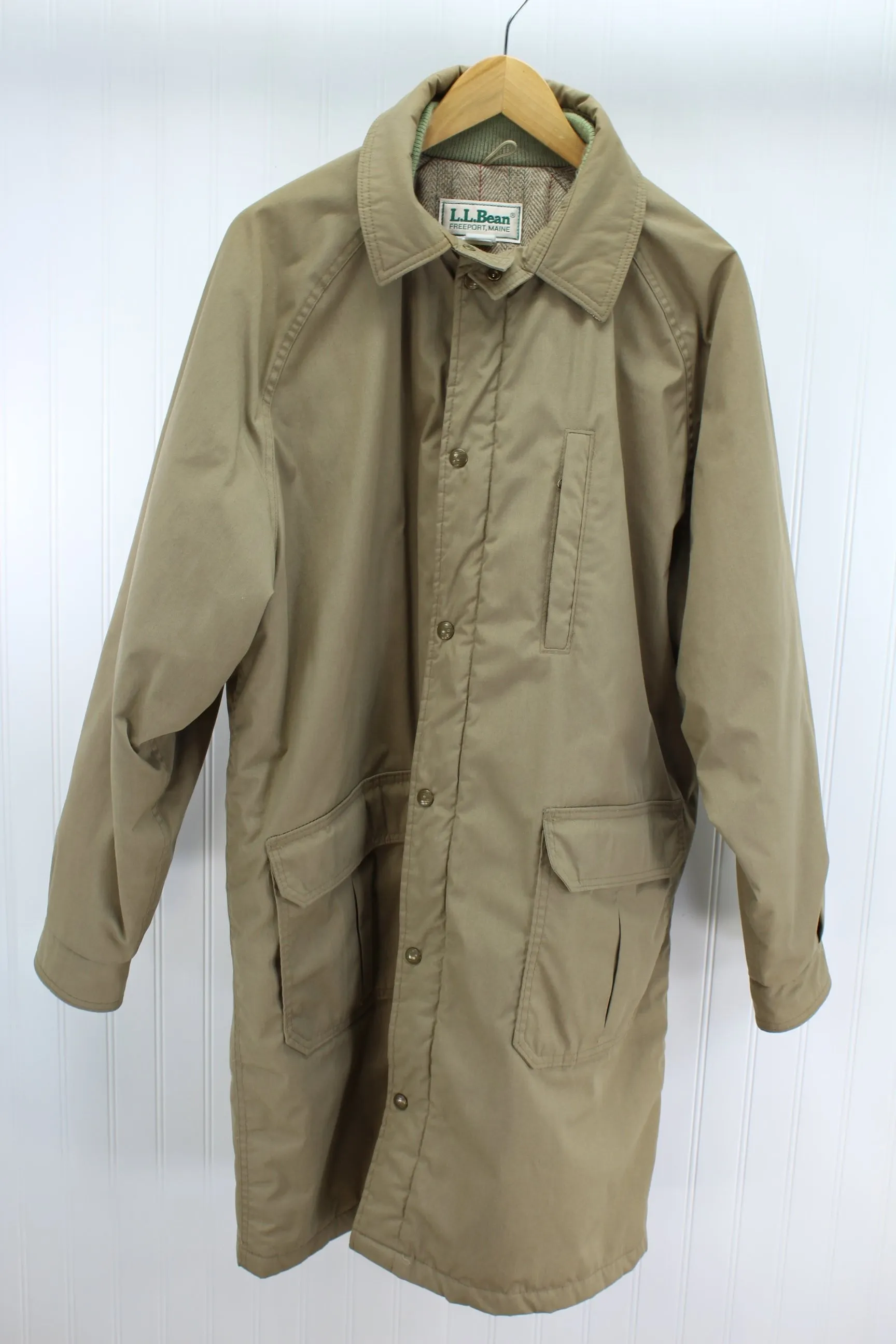L L Bean Khaki Coat Mens Wool Plaid Lining Polyester Insulation