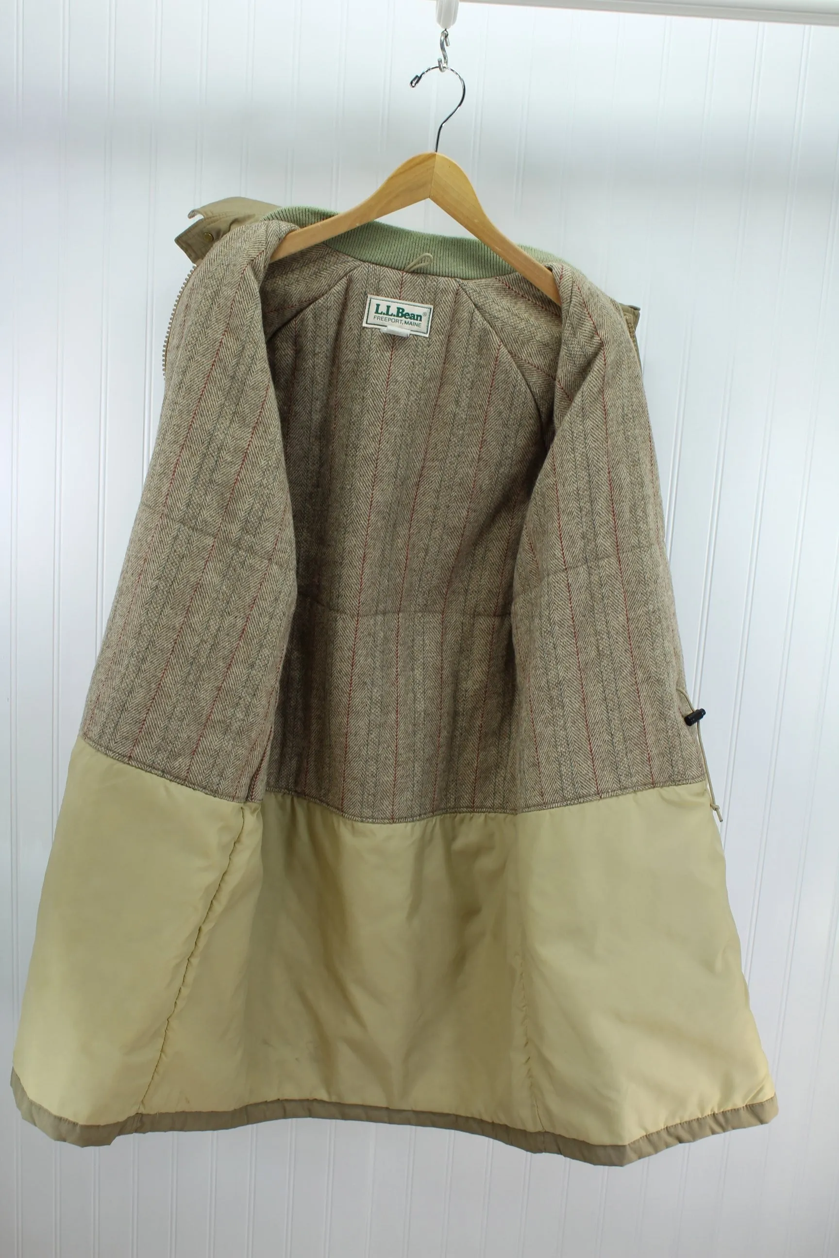 L L Bean Khaki Coat Mens Wool Plaid Lining Polyester Insulation