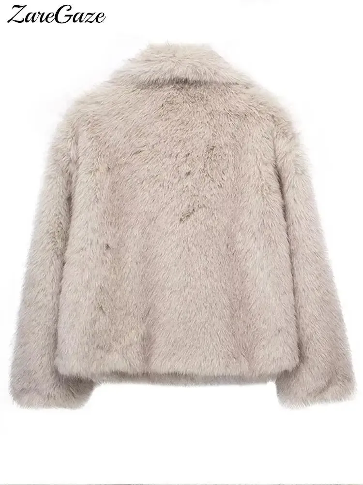 Lapel Faux Fur Jacket Coat Women Loose Long Sleeve Fluffy Warm Coats Female 2023 Winter Luxury Fashion Lady Overcoat Streetwear
