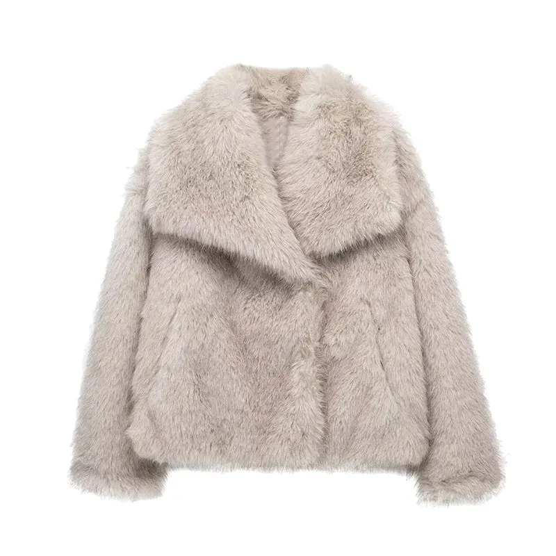 Lapel Faux Fur Jacket Coat Women Loose Long Sleeve Fluffy Warm Coats Female 2023 Winter Luxury Fashion Lady Overcoat Streetwear