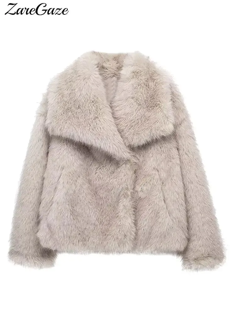 Lapel Faux Fur Jacket Coat Women Loose Long Sleeve Fluffy Warm Coats Female 2023 Winter Luxury Fashion Lady Overcoat Streetwear