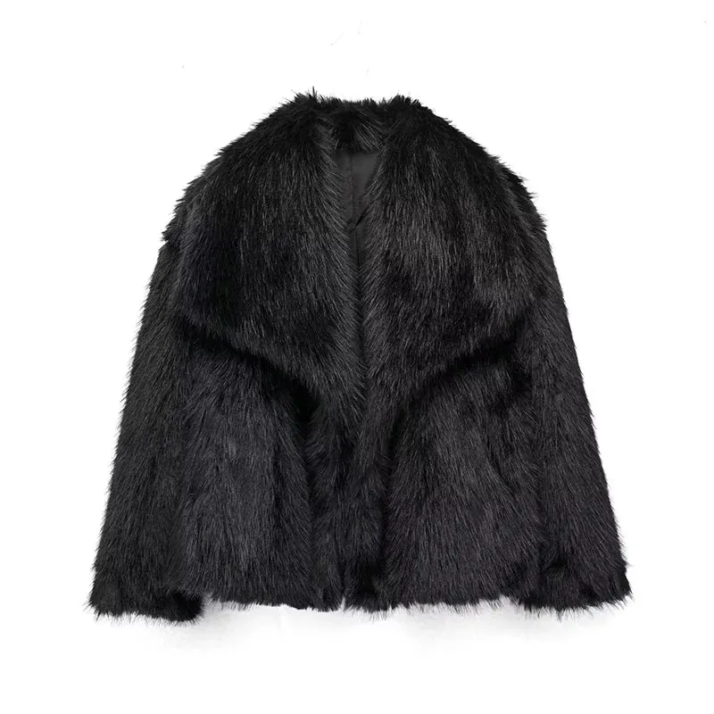 Lapel Faux Fur Jacket Coat Women Loose Long Sleeve Fluffy Warm Coats Female 2023 Winter Luxury Fashion Lady Overcoat Streetwear