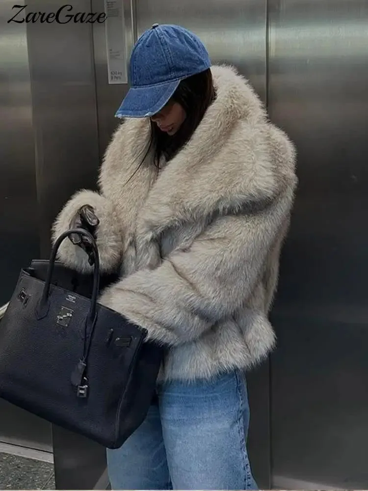 Lapel Faux Fur Jacket Coat Women Loose Long Sleeve Fluffy Warm Coats Female 2023 Winter Luxury Fashion Lady Overcoat Streetwear