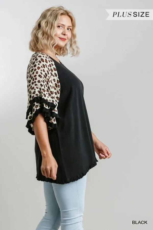 Leopard Bell Sleeve Layered Top, Black