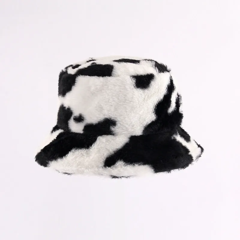 Leopard Fur Hat Cow Bucket Hat Women's Autumn and Winter Warm